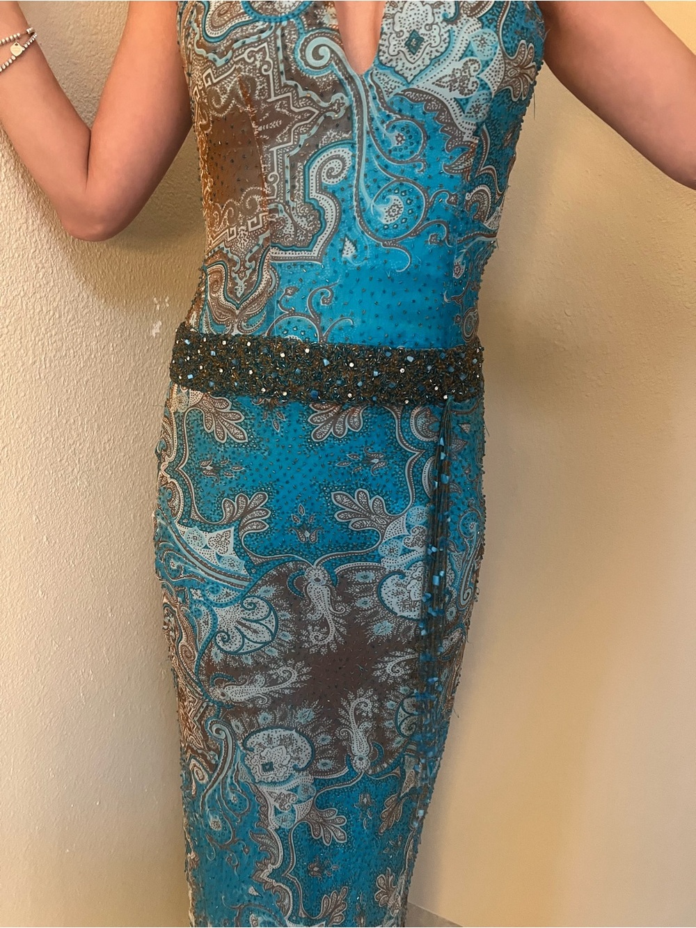 Jovani Teal and Brown Paisley Strapless Evening Dress